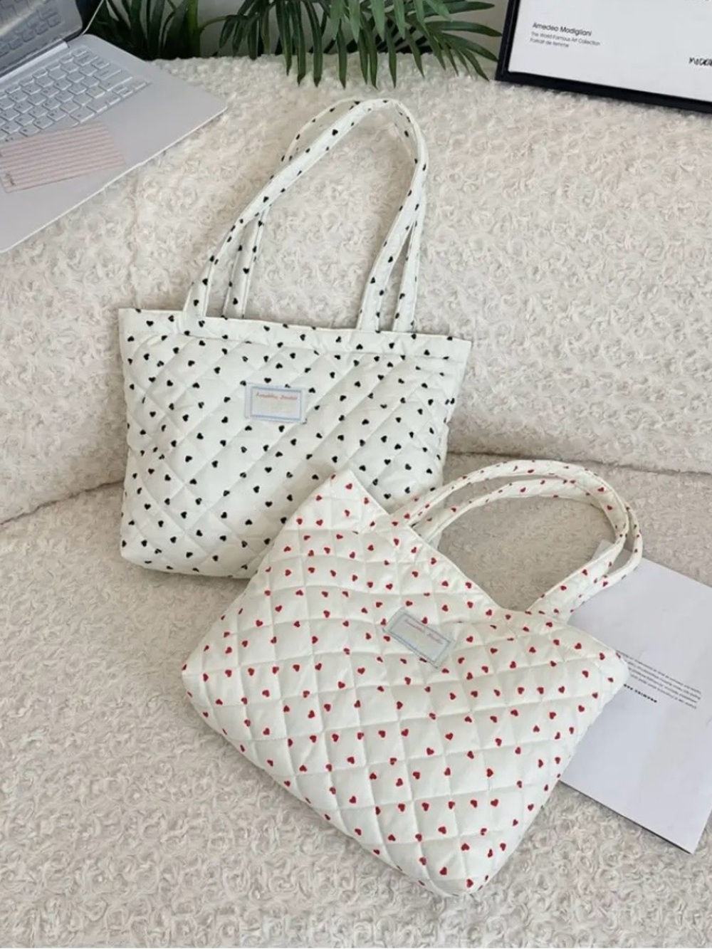 Quilted Heart Tote Bag - White with Black Hearts